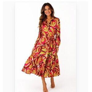 Flying Tomato Midi Dress Women's Medium Pink Lime Retro Swirl Belted